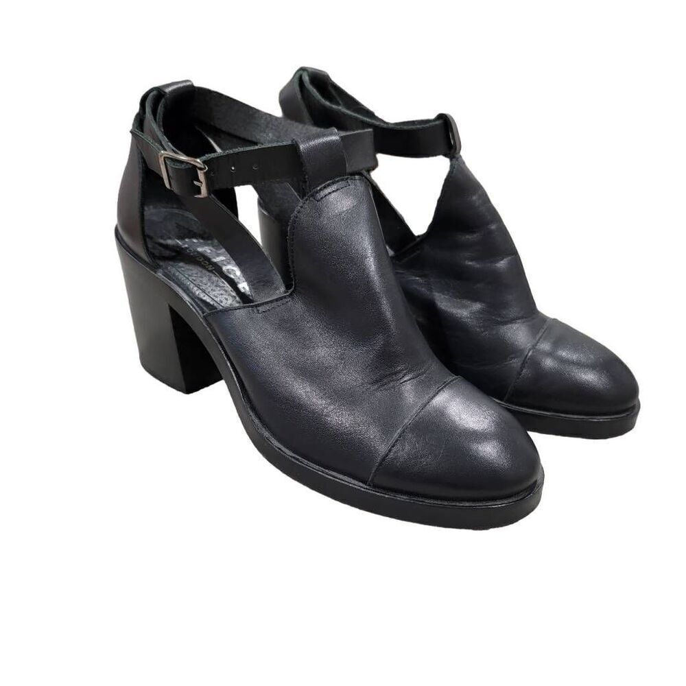 Office London Cutout Black Chunky Heel Booties Ankle Leather Sz 39